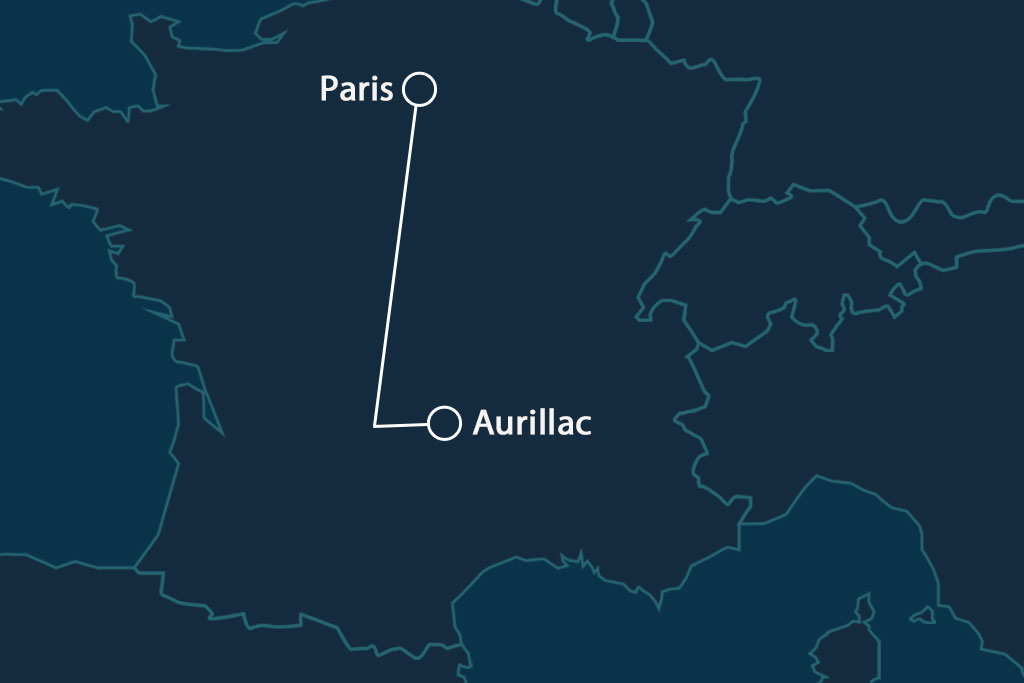 Map of the night train connection between Paris and Aurillac.