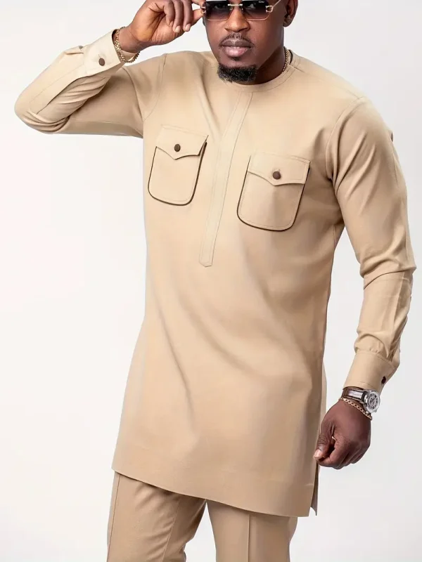 Premium Quality Men's Cream Outfit Set, Long Sleeve Color Matching Shirt & Solid Trousers, 2 In 1 Set For Cultural Activities In Africa + Free Extra Designer Perfume Oil - Image 3