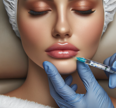 close-up of a patient receiving lip filler injections in a professional and calm medical spa setting
