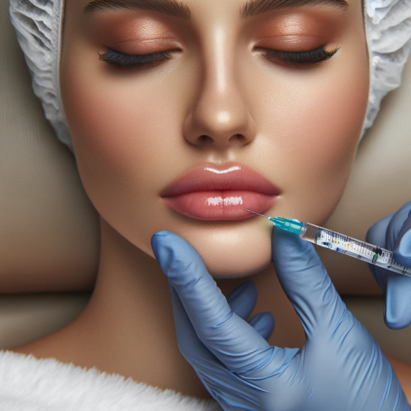 close-up of a patient receiving lip filler injections in a professional and calm medical spa setting