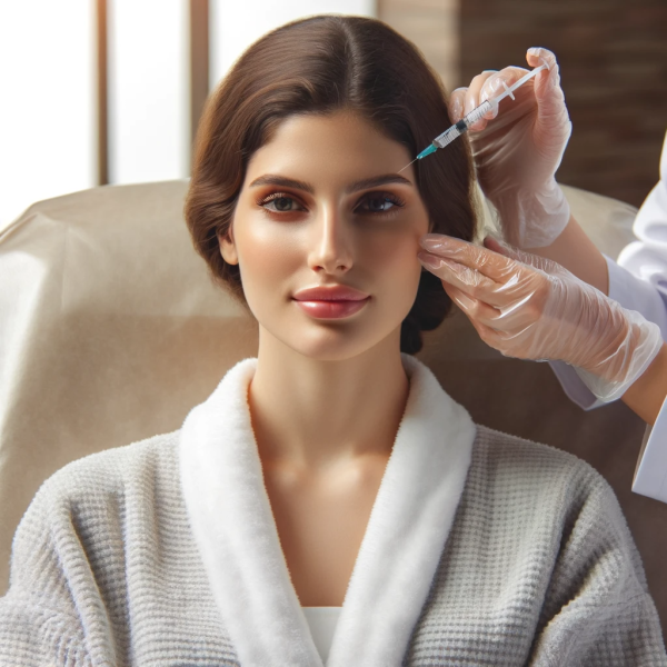 image showing a woman in a spa chair with a professional preparing to administer botox injections