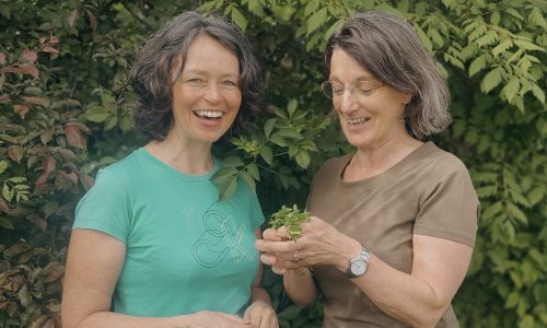 Zwei Frauen lachen und eine zeigt der anderen Wiesenkräuter.