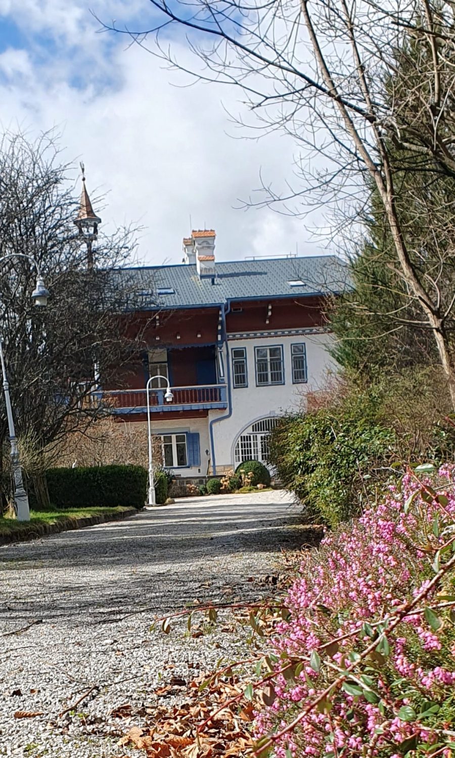 Villa Editha Eine historische Villa mit Einfahrt und Erika im Vordergrund