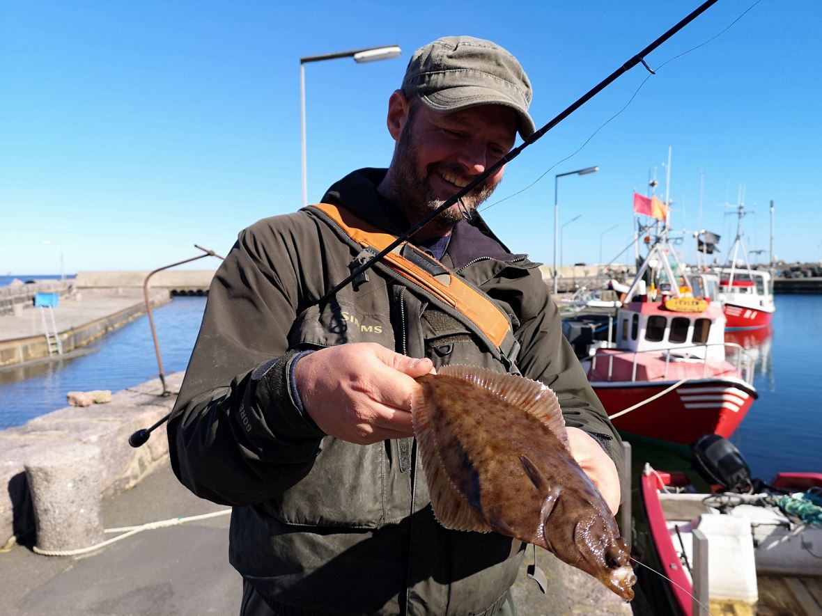 Fiskevideo fra Årsdale Havn med lystfiskeri efter fladfisk.