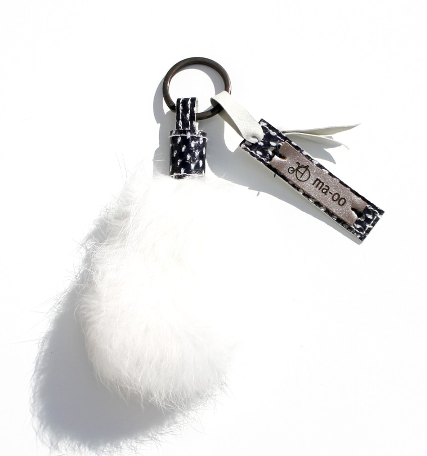 Hvid & sort pels nøglering - Kanin kvast taske vedhæng