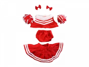 Een rood en wit cheerleader pakje voor knuffels van 40 cm met een broekje, een rokje, een shirt, strikjes en pomponnetjes.