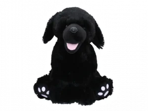 Een knuffel in de vorm van een zwarte labrador. Hij kreeg de naam Shadow de zwarte labrador.