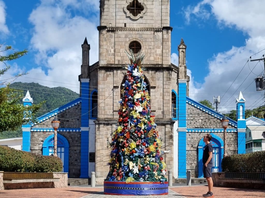 Admiring the Christmas tree on the main square of Soufrière