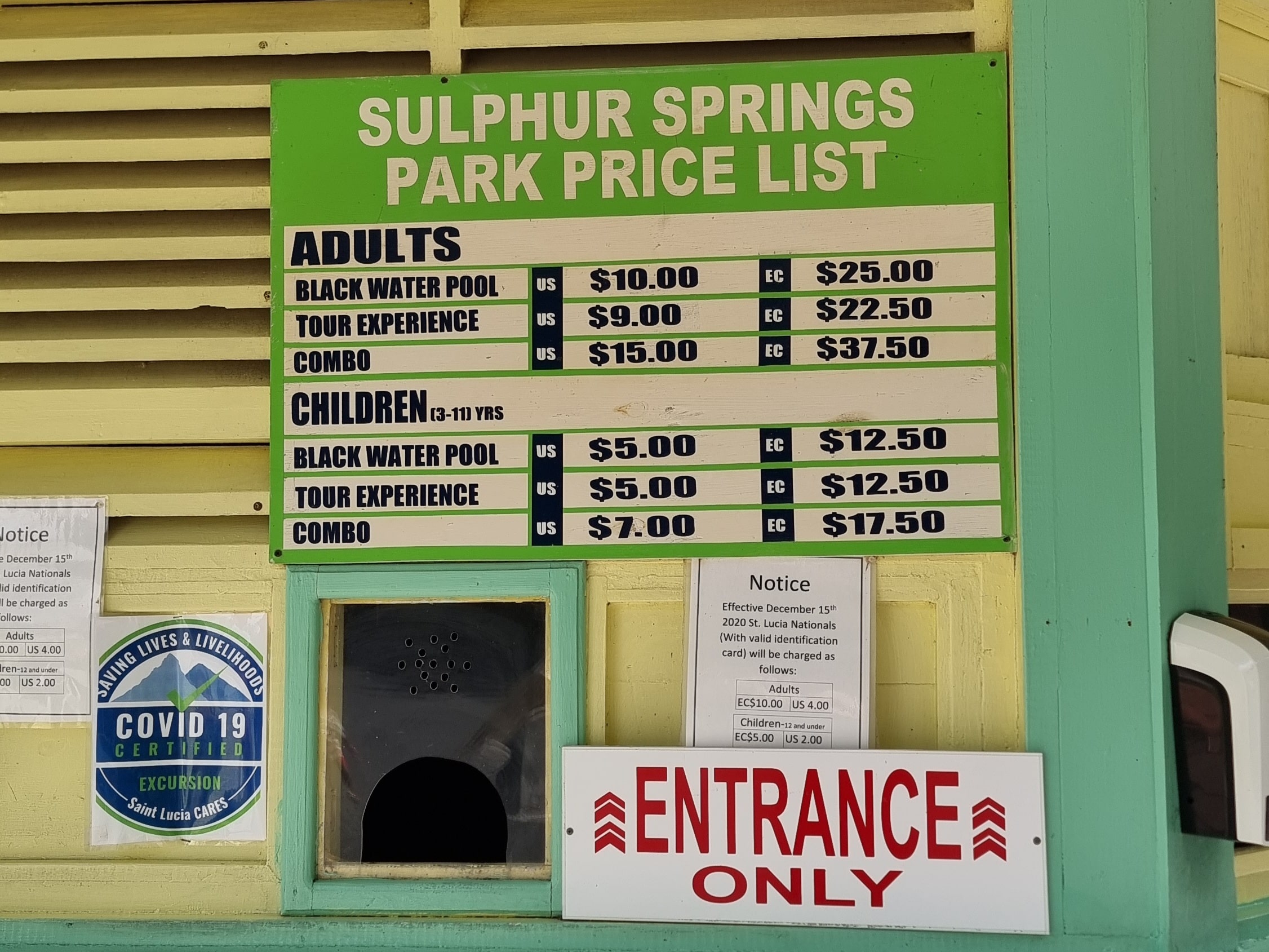 Entry price list for the Sulphur Springs in Soufrière