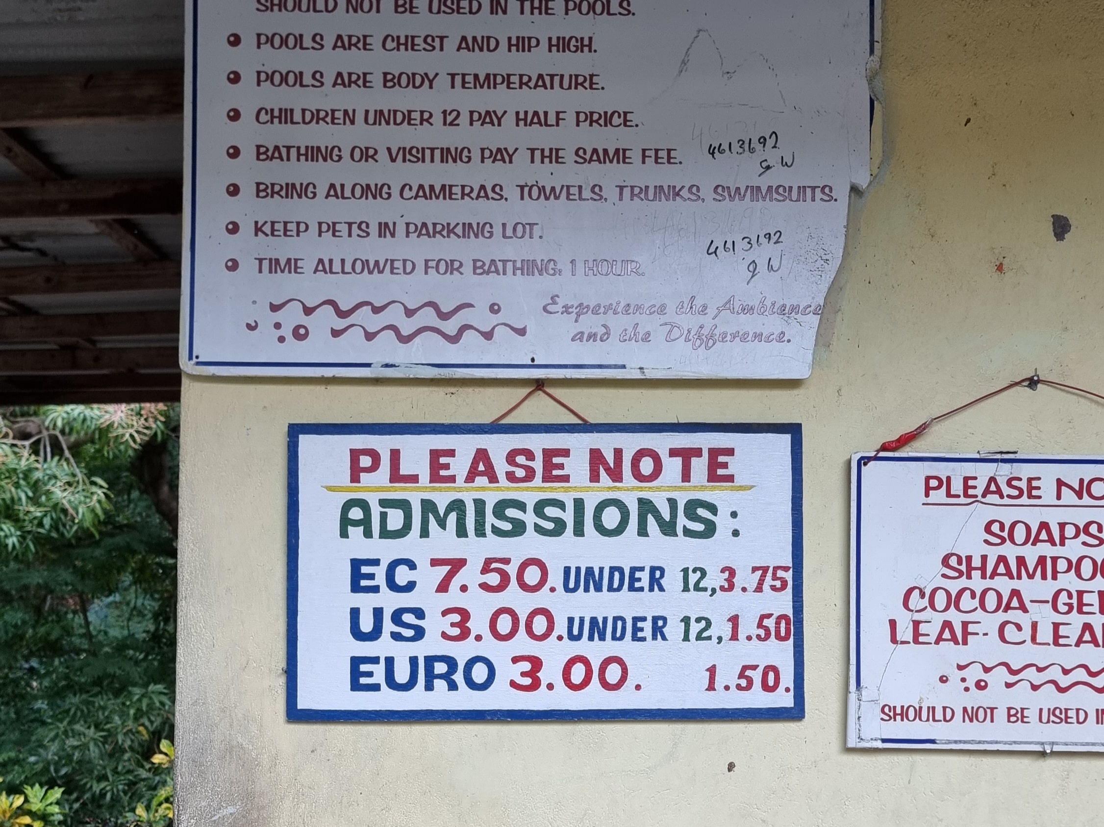 Entry price list for the Piton Falls in Soufrière