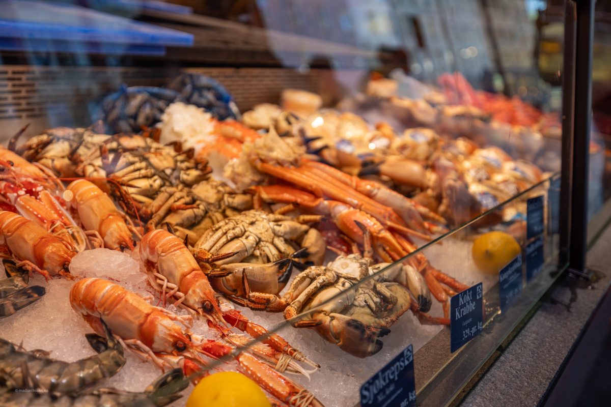 Selection of seafood in the Bergen Fish Market. Fish Market, Bergen