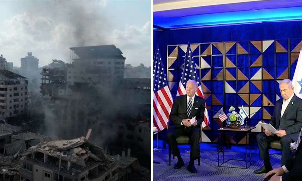 Imagen de bombardeos de Israel sobre Gaza/Biden y Netanyahu. Foto: Captura de pantalla, SVT. Montaje: Magazín Latino