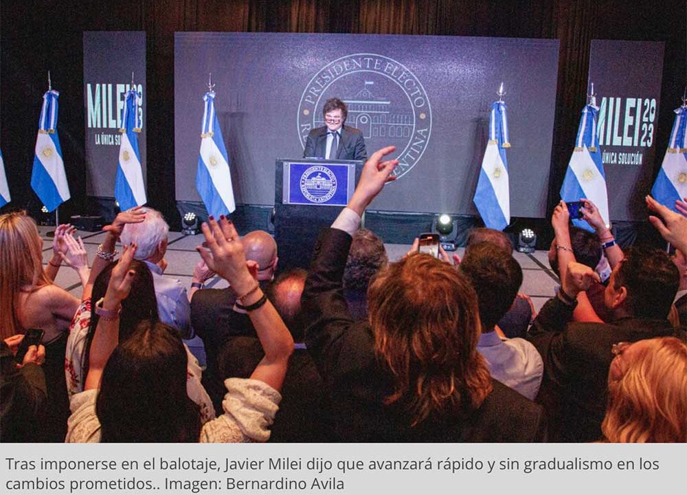 El discurso de Javier Milei al ser elegido Presidente de la Argentina. Foto: Pantallazo. Página12.