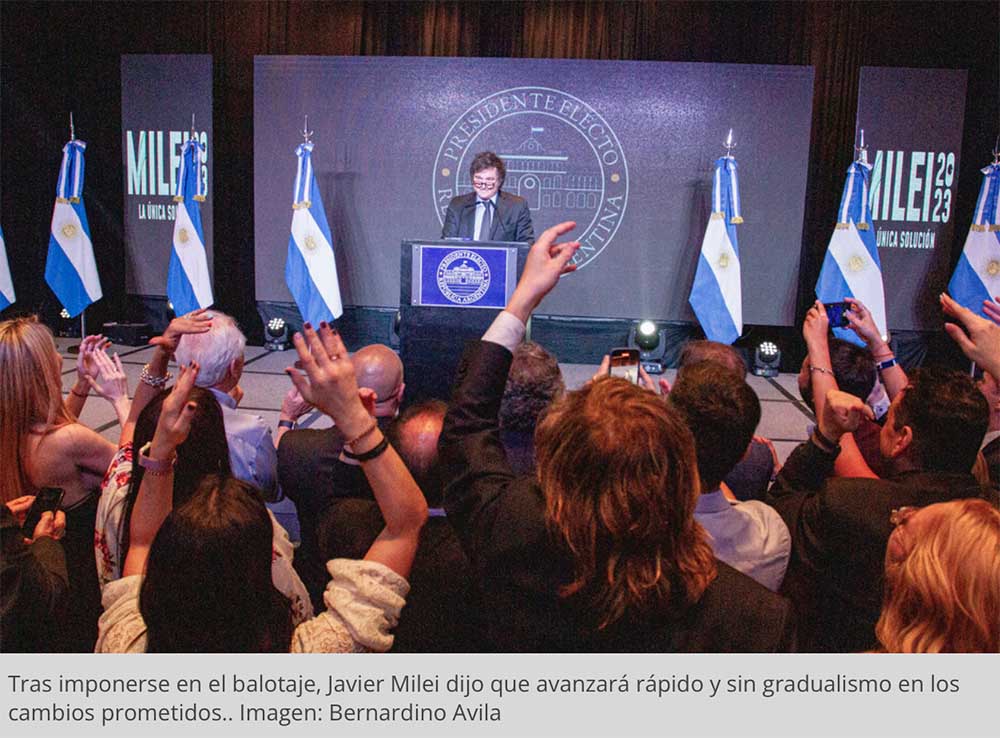 El discurso de Javier Milei al ser elegido Presidente de la Argentina. Foto: Pantallazo. Página12.