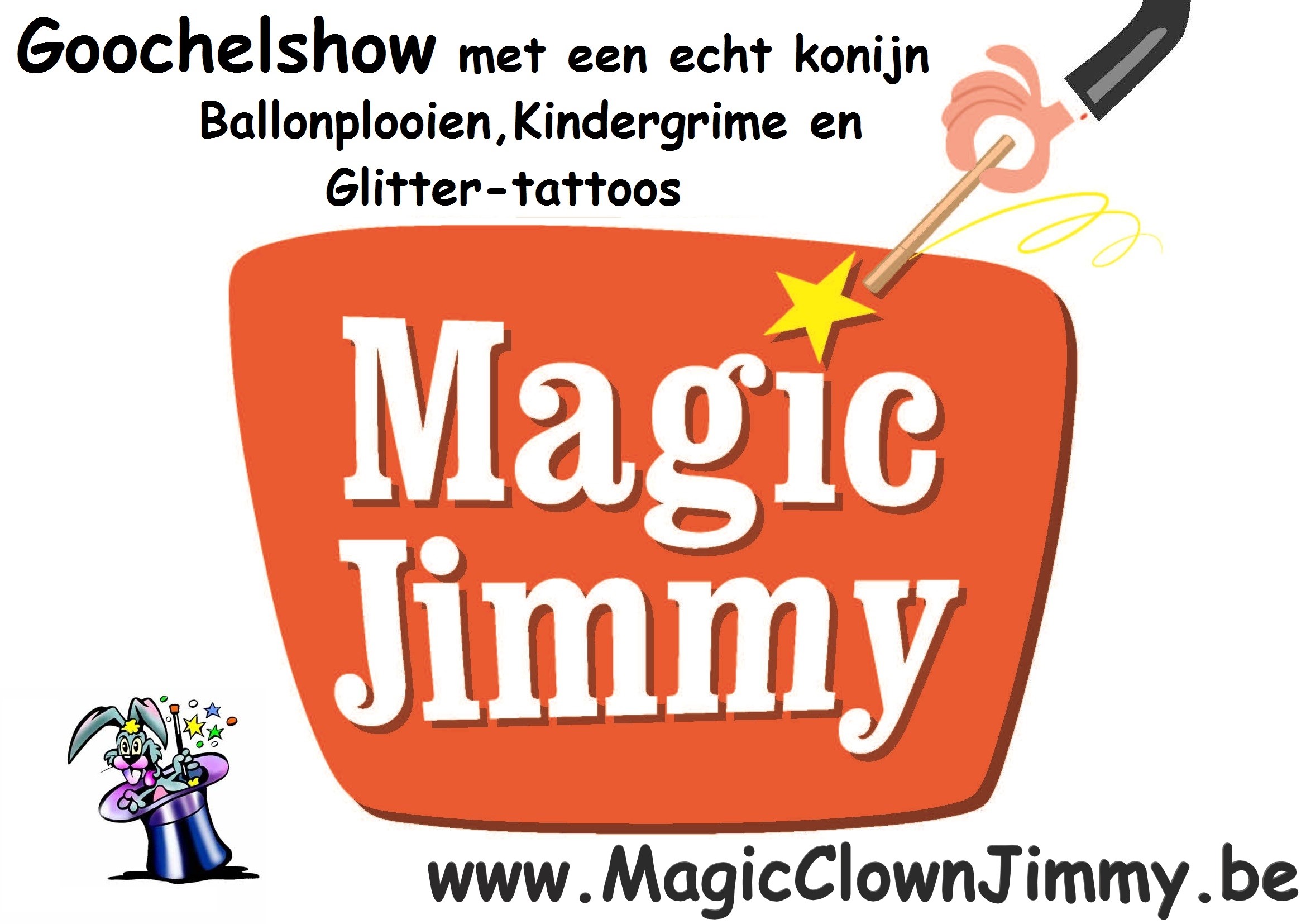 hierbij-ziet-u-het-logo-van-Magic-Clown-Jimmy-met-de-tekst-Goochelshow-met-een-echt-konijn-en-witte-duifjes-grappen-als-een-clown-ballonplooien-Grime-en-Glitter-tattoos