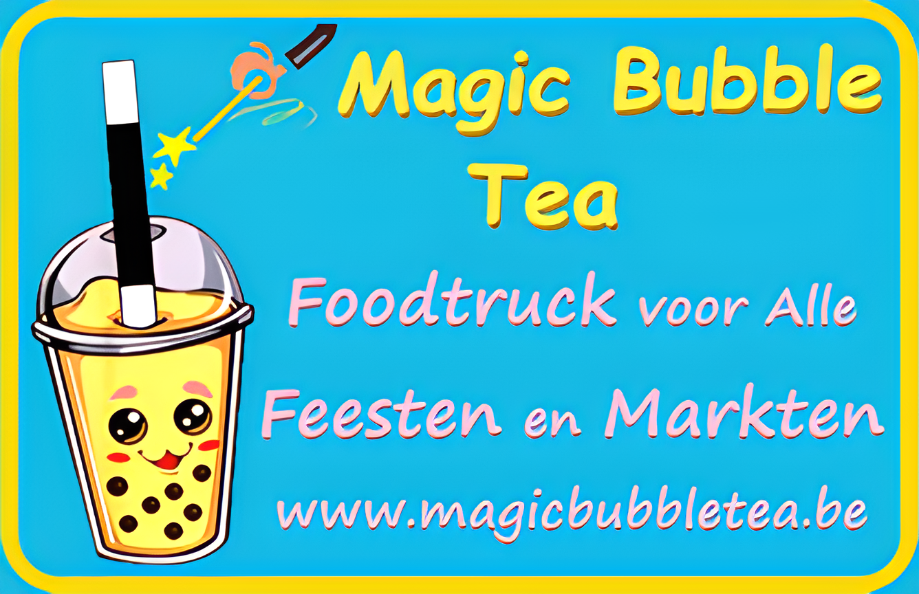 Sticker voor auto van magic bubble tea foodtruck voor alle feesten en markten, met als logo een beker bubble tea en als rietje een goochelstok.