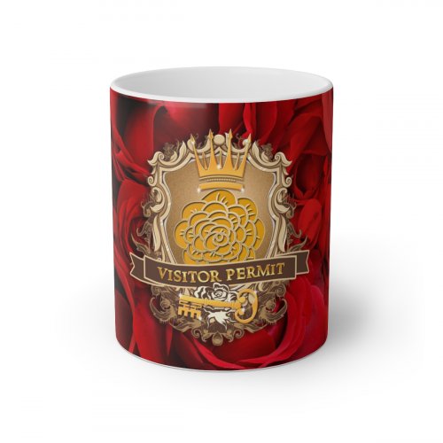 Red Roses Mug with Fairy-Tale 'Visitor Permit' Badge"
