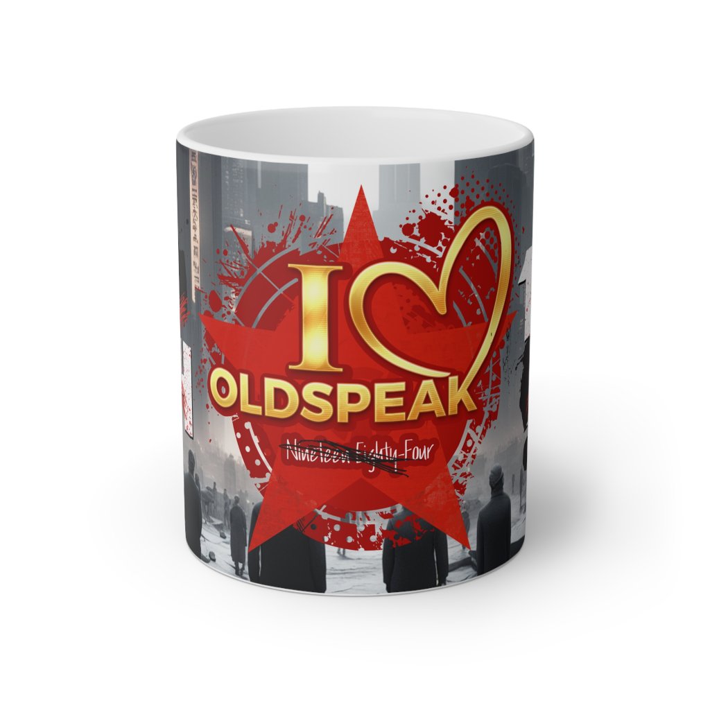 Front view of the "I ♥ Oldspeak" mug with a red heart on a five-pointed star and dystopian city background.