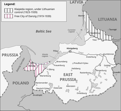 Germany's province of East Prussia from 1923 to 1939, with Memel occupied by Lithuania since 1923 src: Wikimedia commons