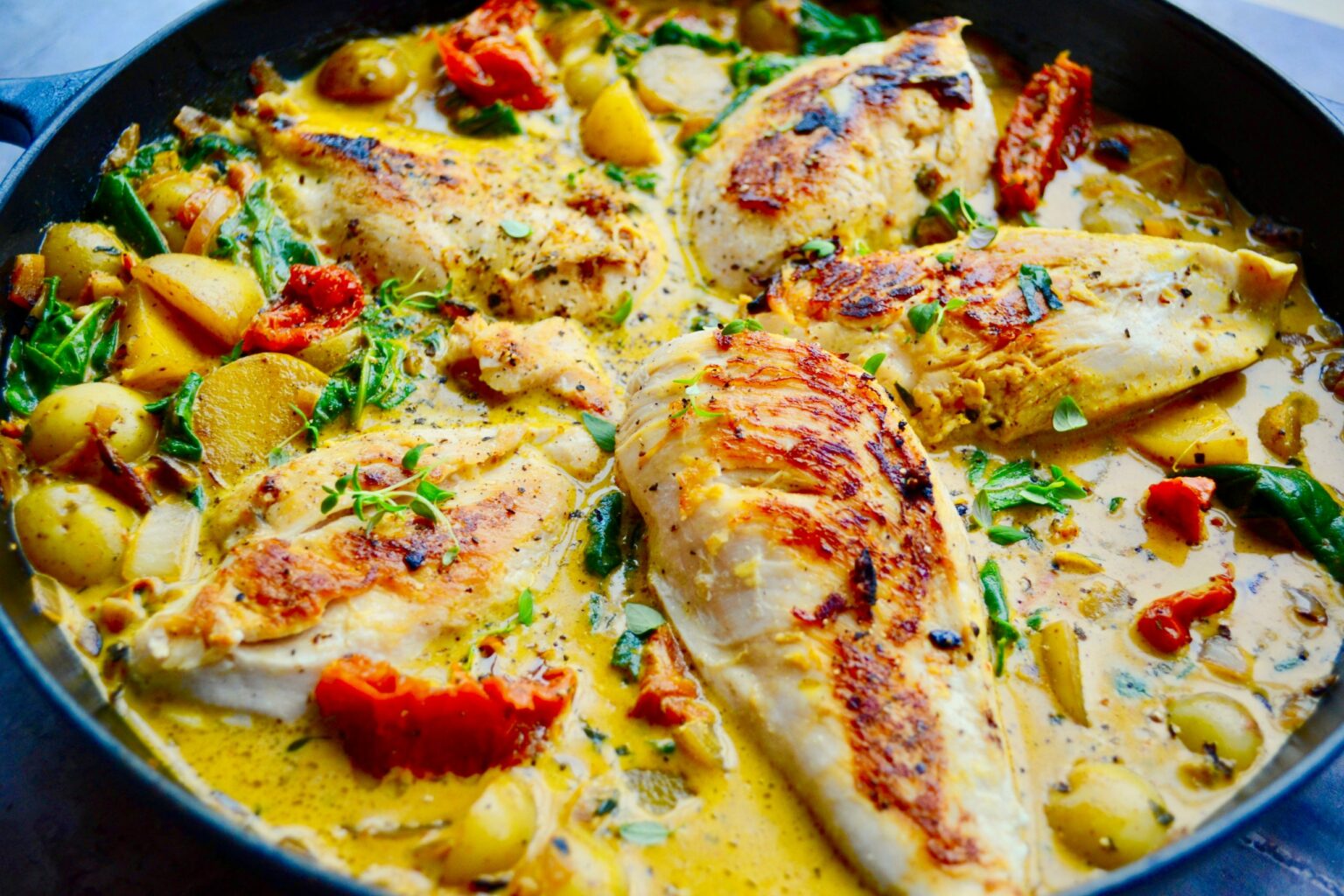 Kylling med kartofler, spinat og soltørrede tomater Majspassion