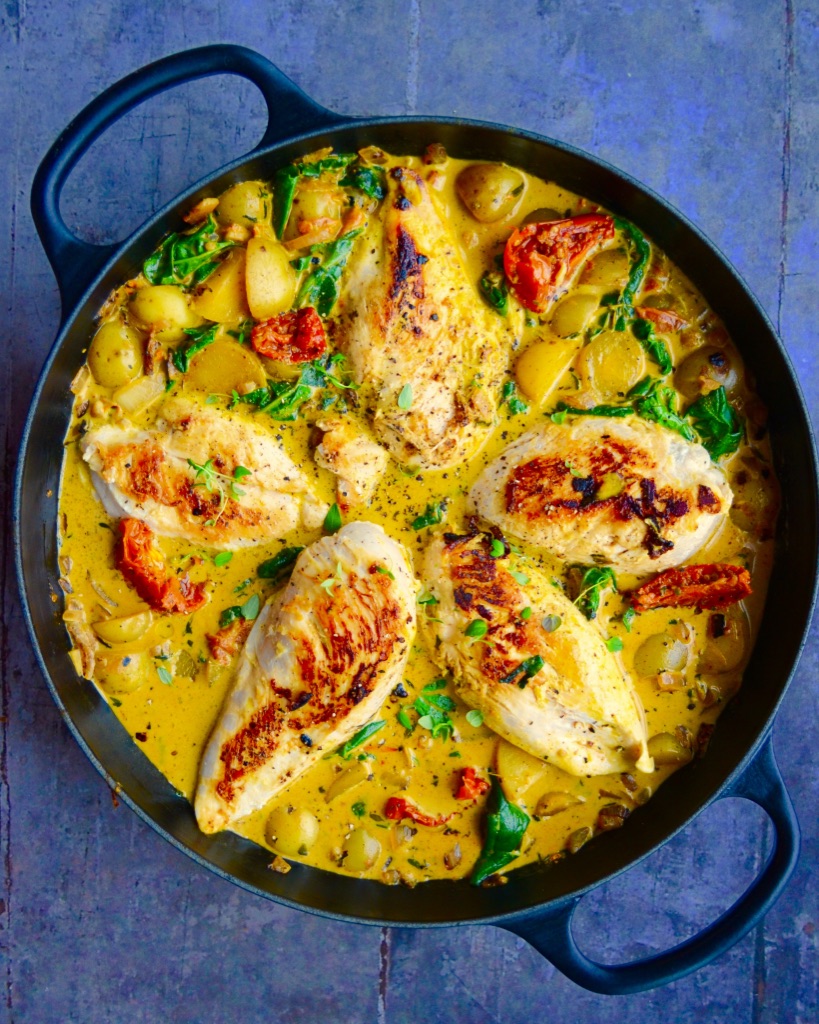 Kylling med kartofler, spinat og soltørrede tomater Majspassion