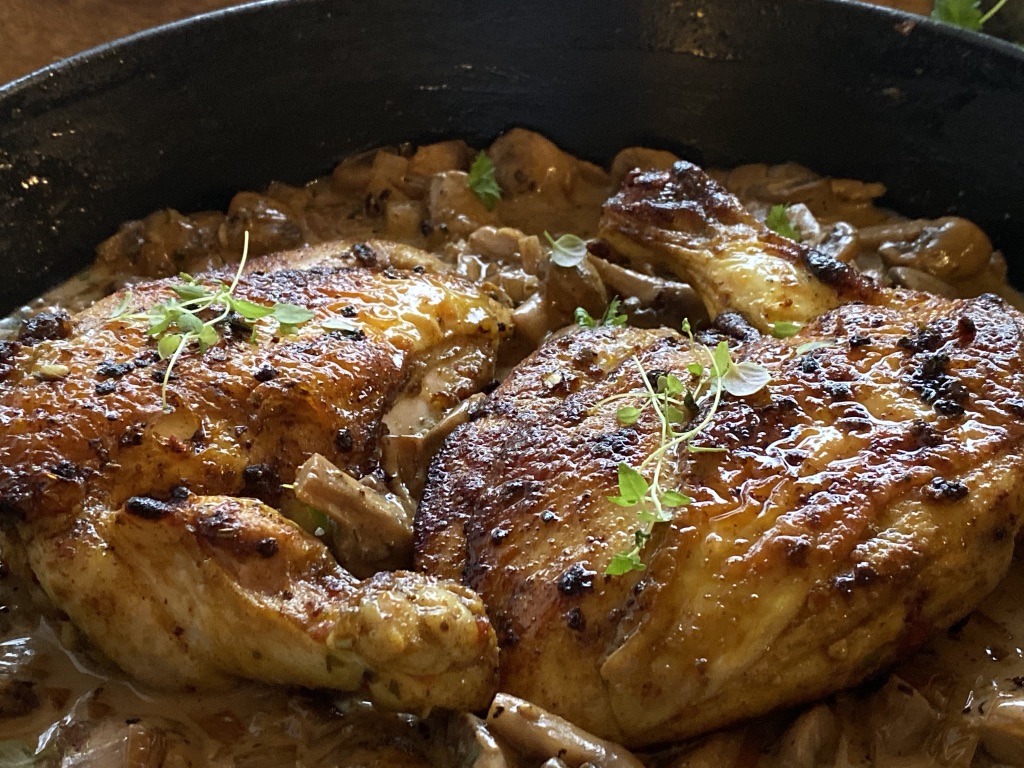 Marineret kylling i svampesauce Majspassion