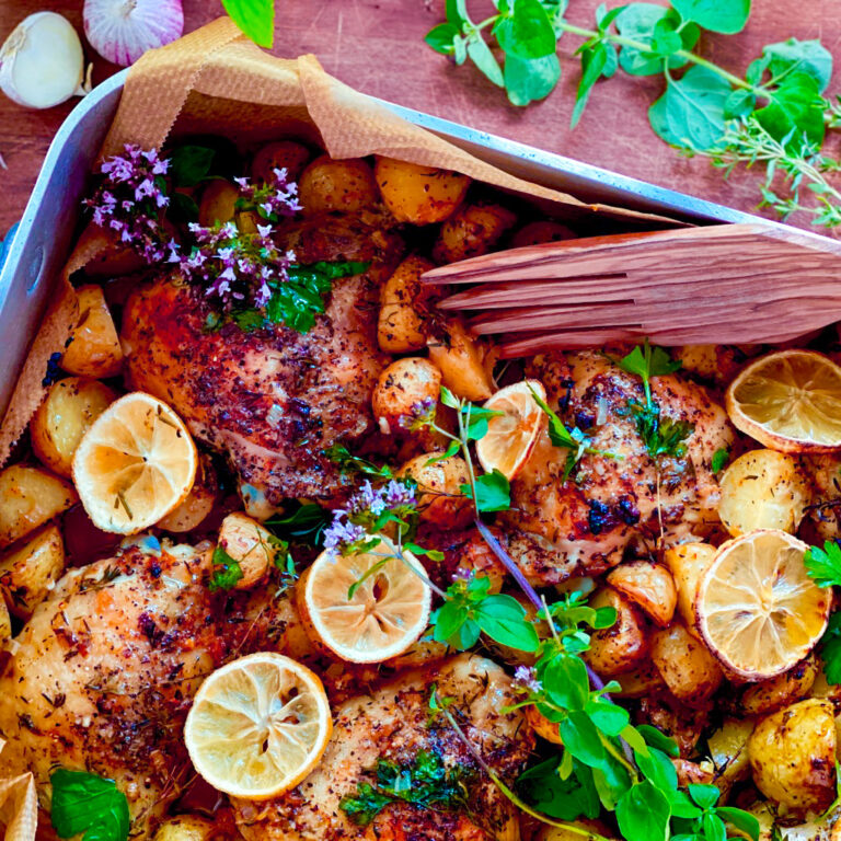 Kylling i fad med kartofler og citroner Majspassion