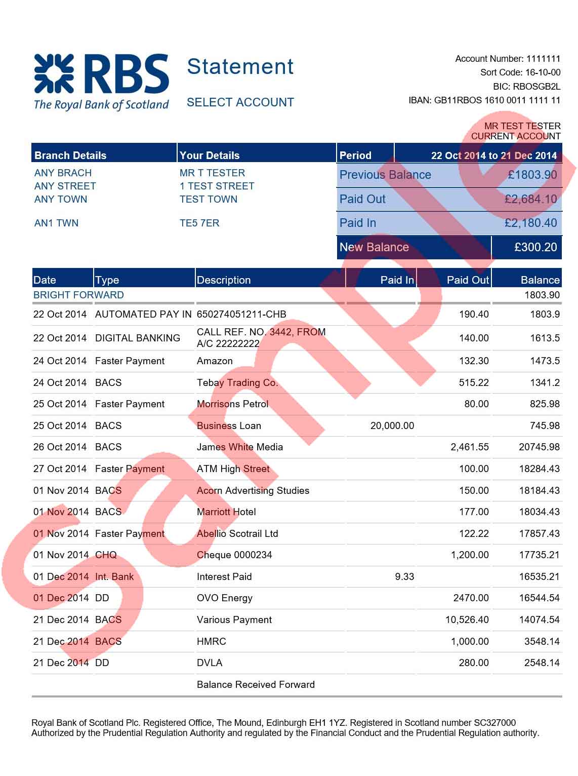 RBS Bank Statement PDF Template Editor