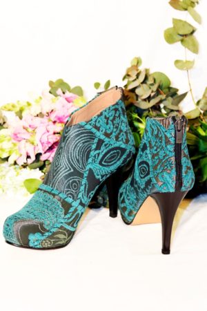 Boho stilettos in a colorful turquoise chenille material. Handmade quality