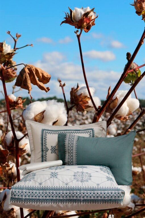 Luksus sengetøj til dobbeltdyne i blød økologisk bomuld - svævende på en baggrund af bomuldsmarker og bomuldsplanter. Sengesættet er med broderier i blågrønne farver på lys baggrund
