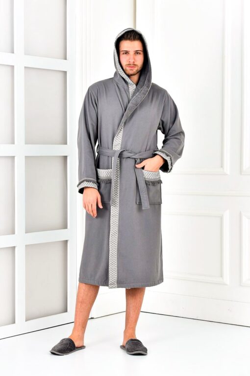 Mens hooded bathrobe in anthracite grey with borders - organic cotton