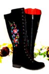Long black suede boots with lace-up, back zipper and embroidery