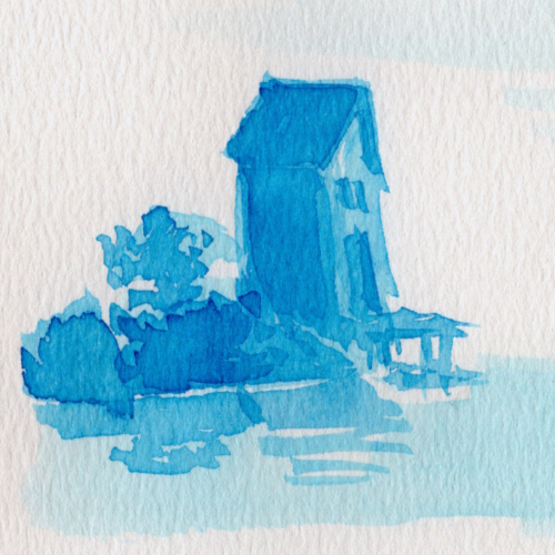 The boathouse, blue acrylic ink