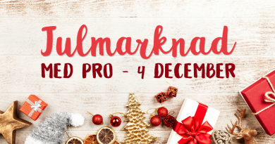 Små klappar och julgranar i guld och rött med texten Julmarknad med PRO 4 december.
