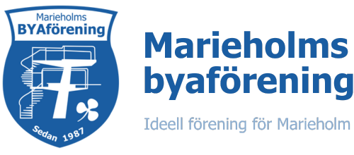 Logga för Marieholms byaförening samt texten Marieholms byaförening och Ideell förening för Marieholm