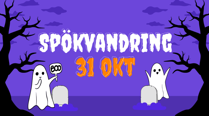 Illustrerad bild på spöken framför lila bakrund med träd och gravar. Text Spökvandring och 31 okt.