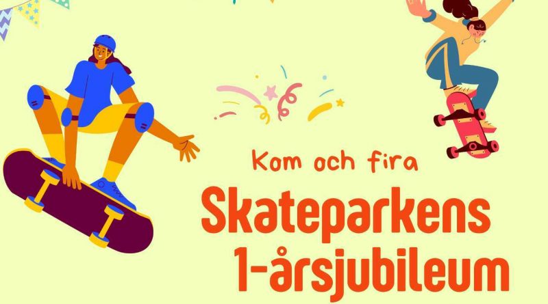 Illustration på två personer som åker skateboard med färgglada girlanger och texten Kom och fira skateparkens 1-årsjubileum.