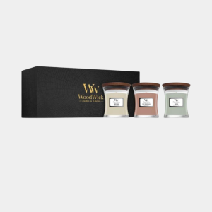 Woodwick coffret cadeau Fireside & White Teak & Stone Wash Suede