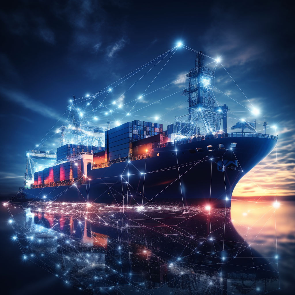 An AI generated image of a boat at sea with strobing lights surrounding the boat