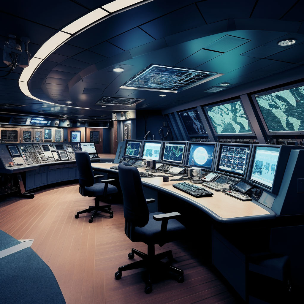 An AI generated image of a control room in a ship