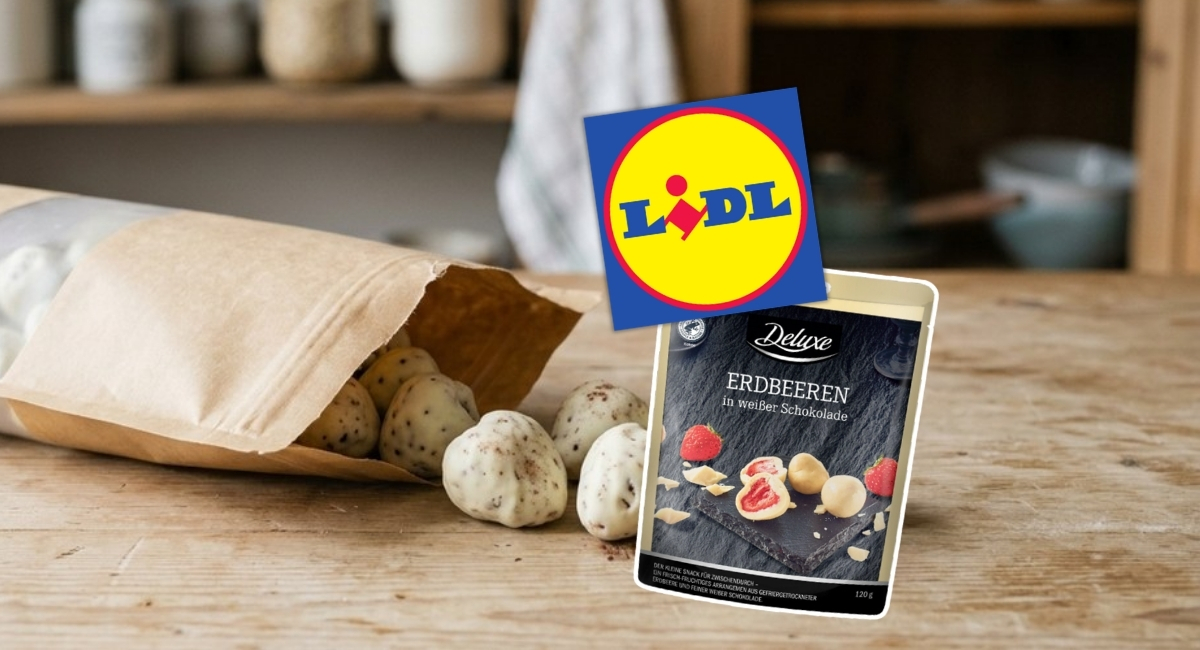 Beutel mit Erdbeeren in weißer Schokolade auf einer Küchenarbeitsplatte – Rückruf Lidl Erdbeeren