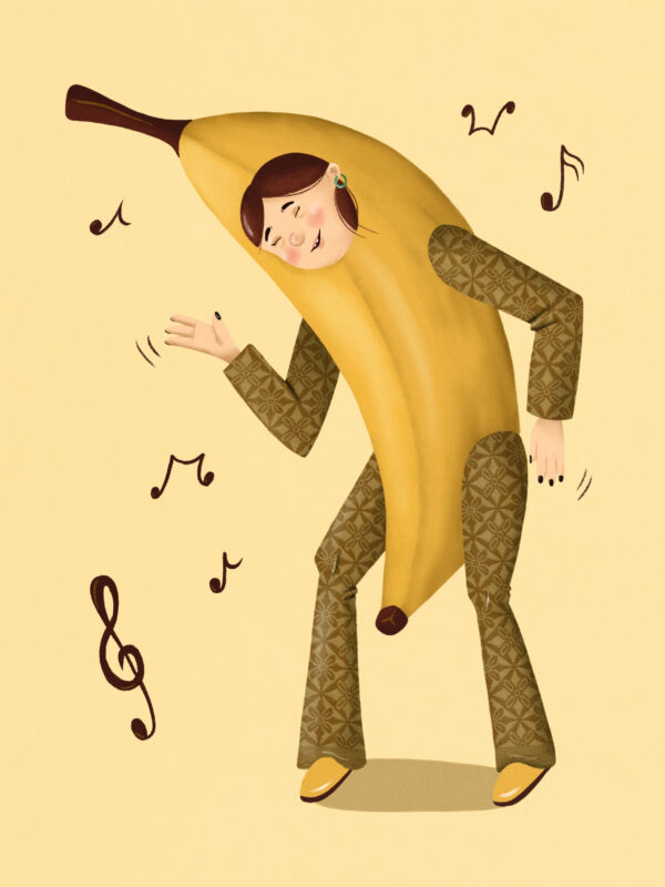 En illustration som går att köpa, av en karaktär som dansar iklädd en banankostym