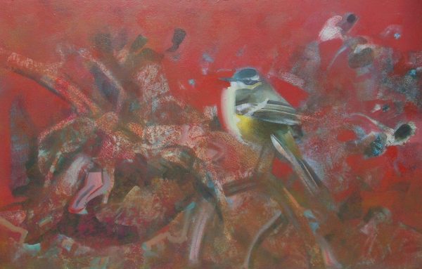 'Grey Wagtail on a faided sunflower' 40x60 cm acrylics on canvas SOLD