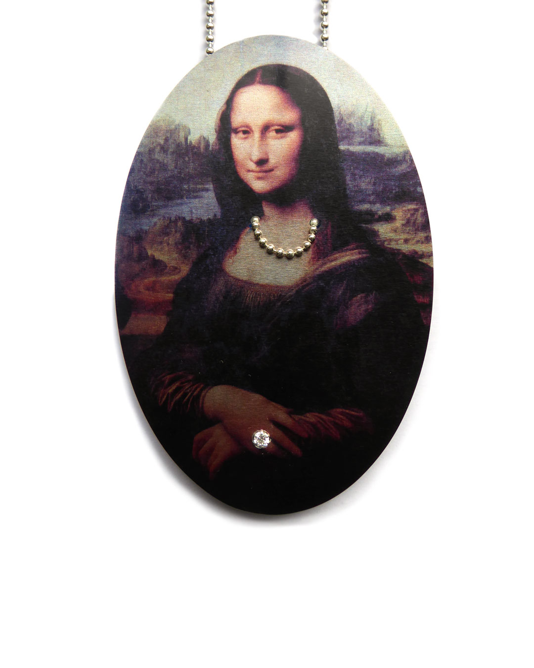 Herman Hermsen, Mona Lisa Chained, 2015, necklace; print on aluminium, wood, silver, zirconia, 320 x 60 x 10 mm
