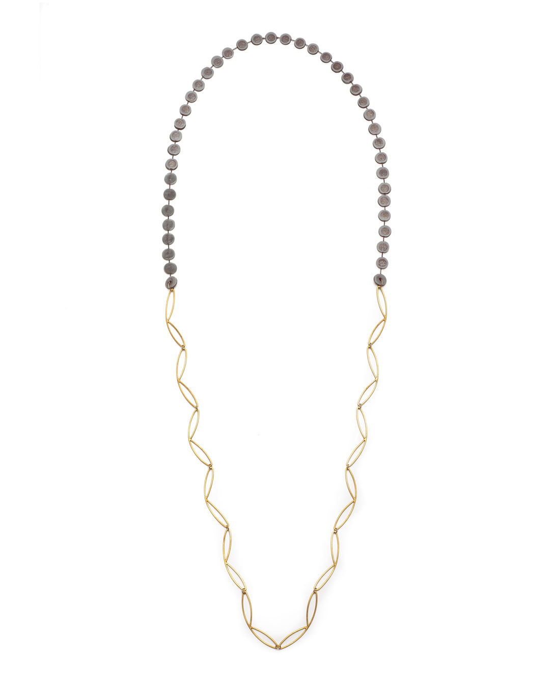 Karola Torkos, untitled, 2020, necklace; gold-plated copper, 14ct gold, oxidised silver, plastic, L 1140 mm, €460