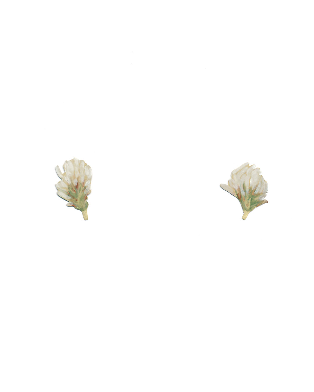 Christopher Thompson Royds, White Clover, 2019, earrings; 18ct gold, hand-painted, diamonds, 22 x 19 mm, €1150