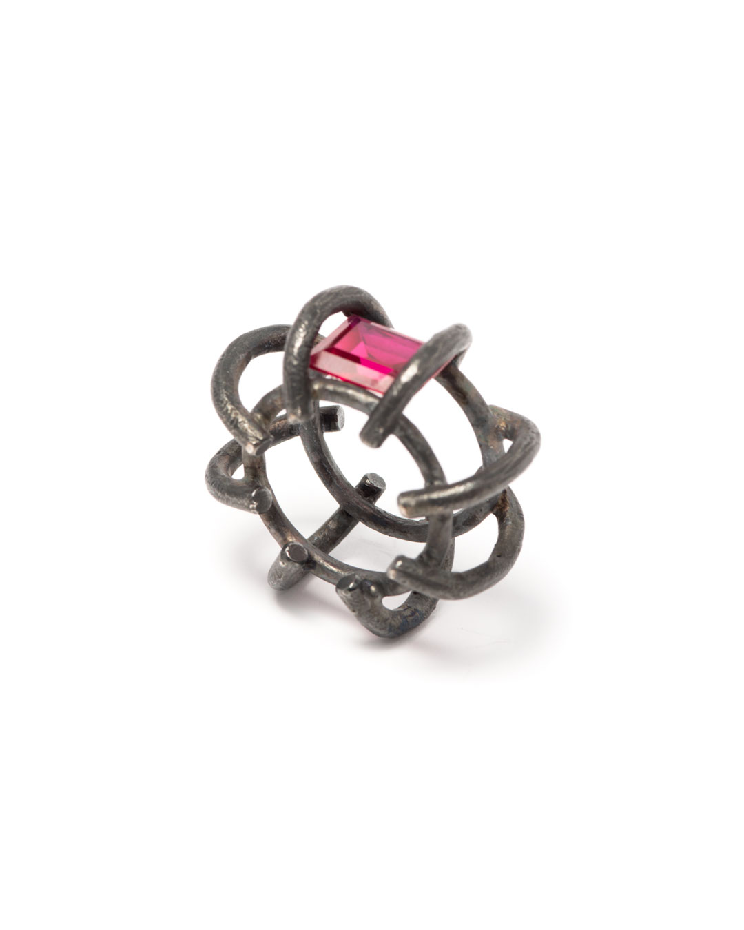 Winfried Krüger, untitled, 1996, ring; oxidised silver, synthetic ruby, ø 40 mm, €970