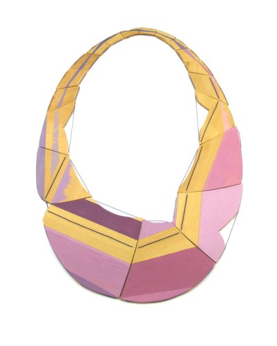 Flóra Vági, Yellowpink, 2011/2012, necklace; yellow cedar, acrylic paint, silk, 380 x 210 x 3 mm, €1100