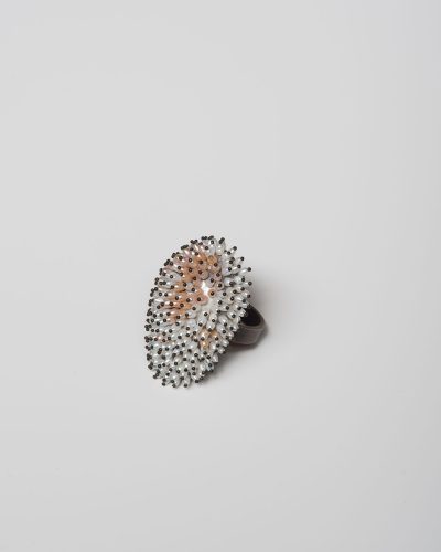 Sam Tho Duong, Look, 2020, ring; silver, freshwater pearls, nylon, sold