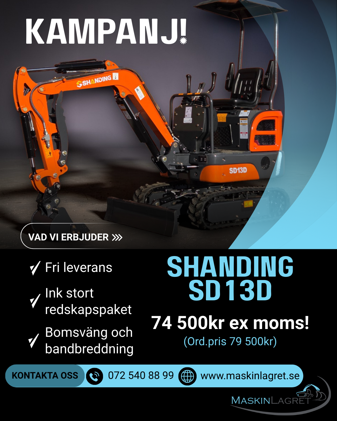 Minigrävare grävmaskin Shanding SD13D orange maskinlagret